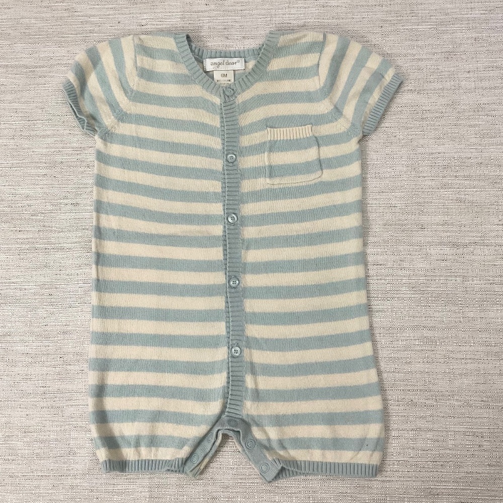 Angel Dear light blue and white striped knit baby romper Size 6M
